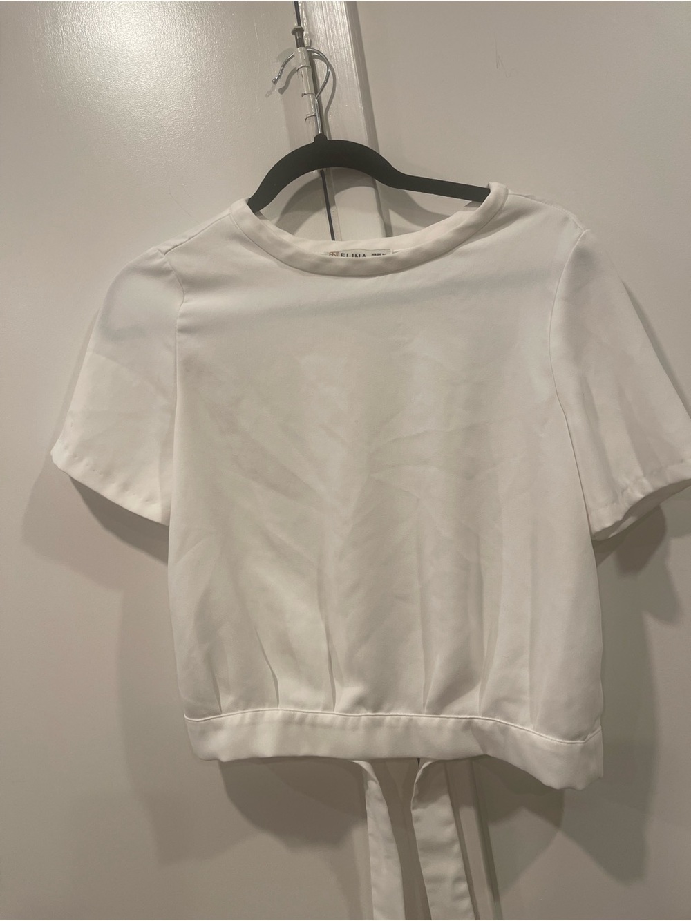 White Short-Sleeve Tie-Back Top NOT MADE IN CHINA